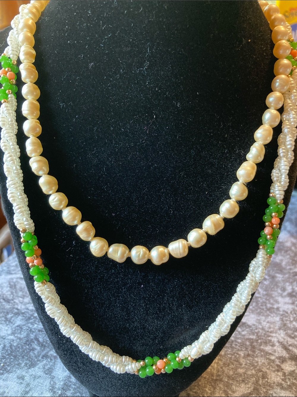 Faux Pearl & Seed Bead Layered Necklaces in Cream and Green